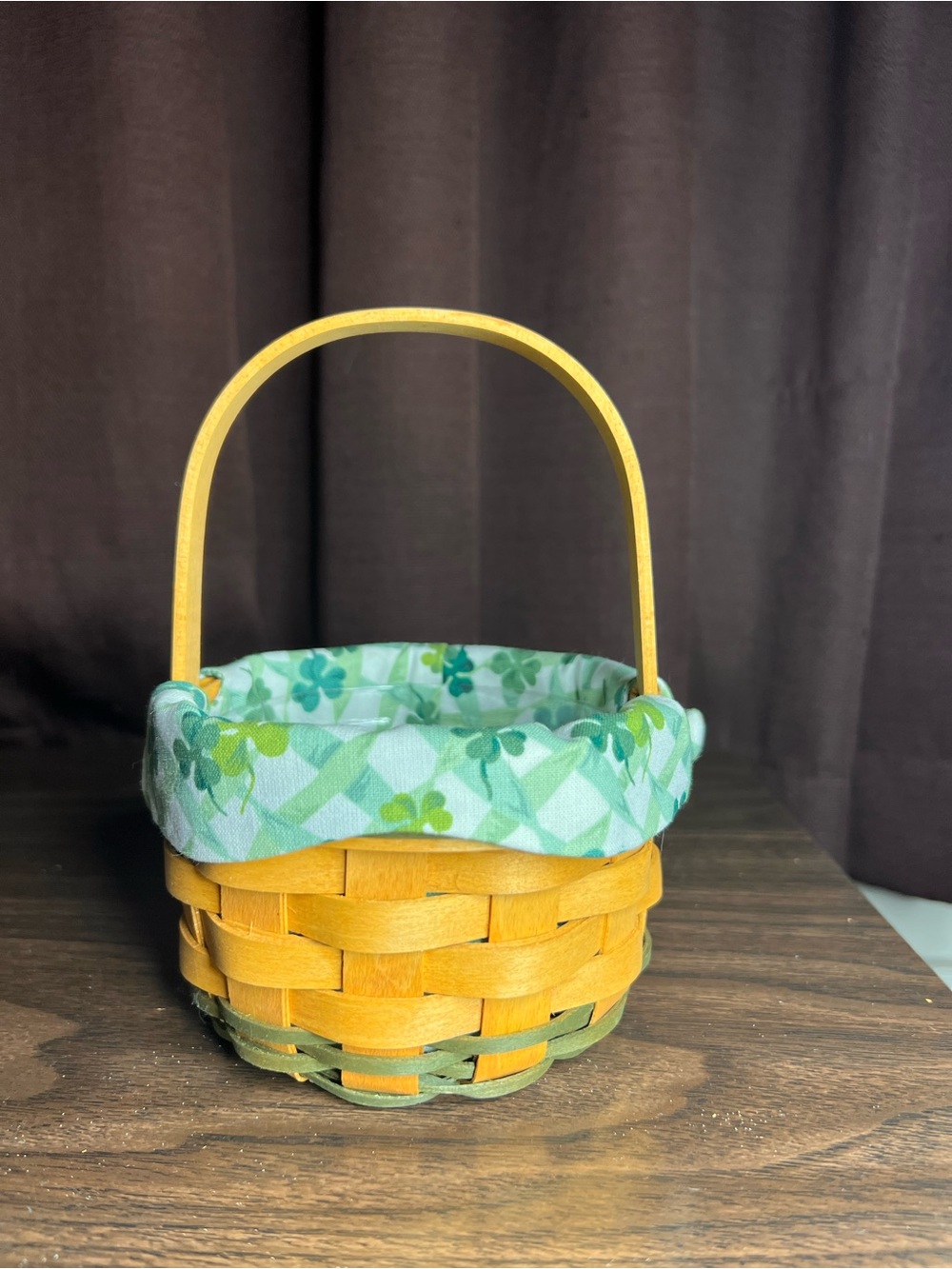 Longaberger Handwoven Wood Basket with Green Fabric Liner